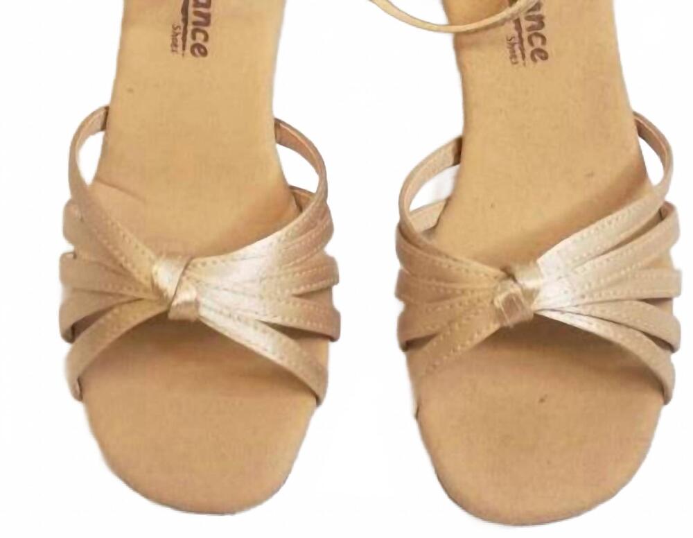 NEW GO GO DANCE women's perl 1.3" thick heel latin sandal in tan satin